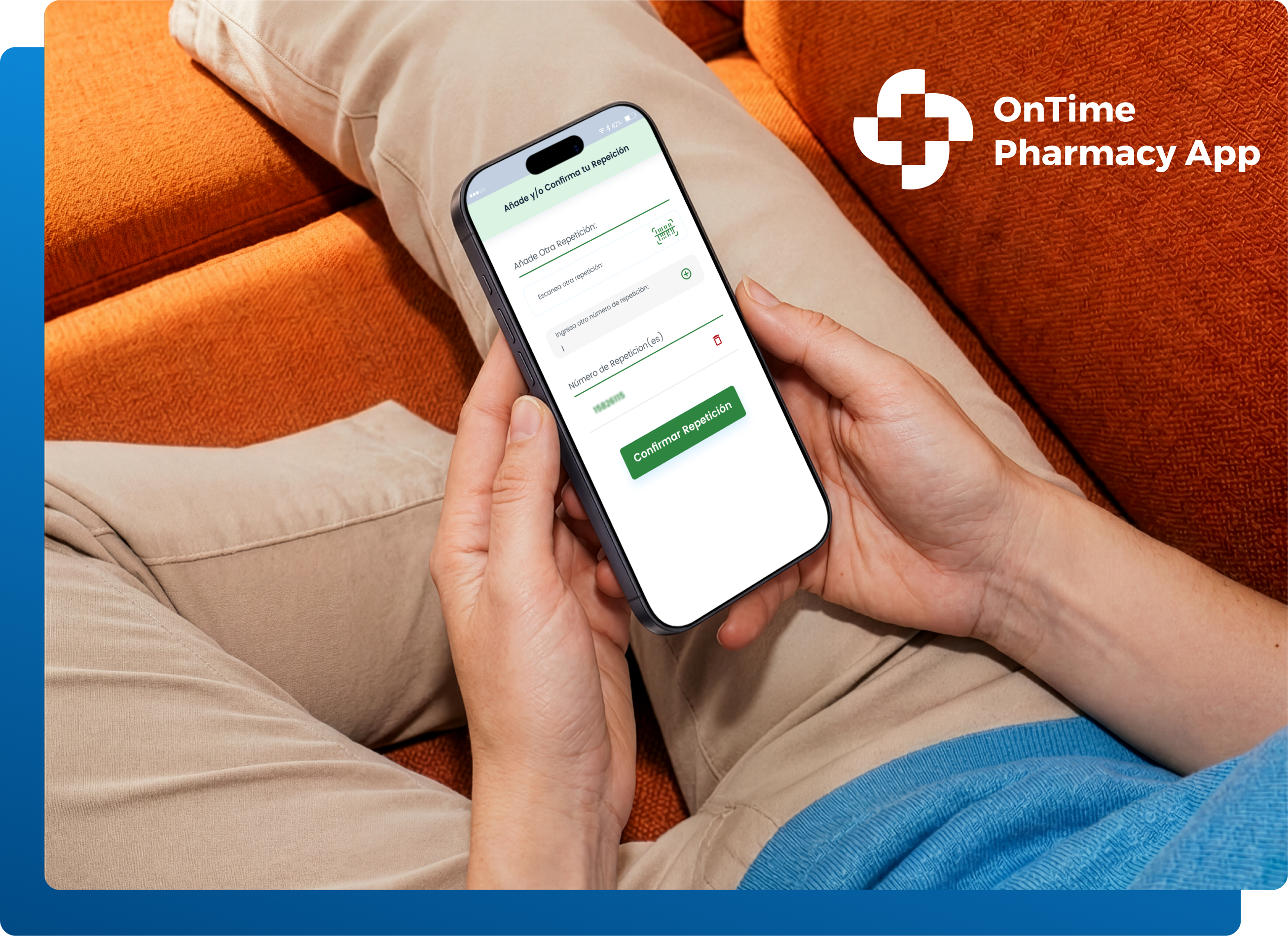 Patient app: prescription photo capture and refill screens, on an iPhone mockup